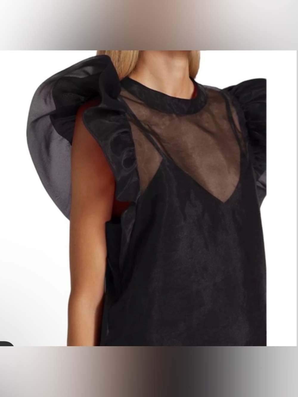 NWT Joie Black Organza Sheer Ruffle Sleeve Blouse Top includes black tank top -L